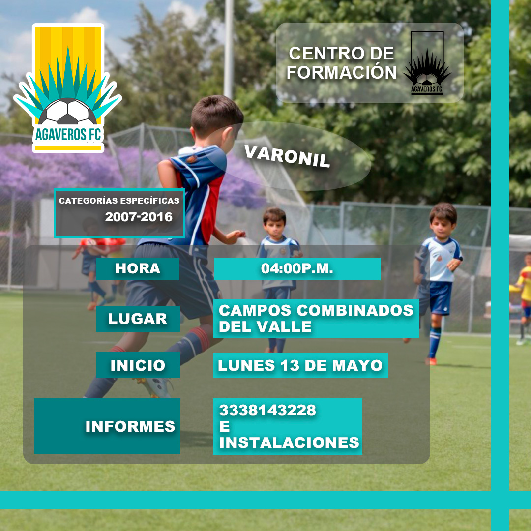 agaveros_fc's tweet photo. ¡Niños, los esperamos en el Centro de Formación Agaveros FC para formarse y disfrutar del fútbol! ⚽

📍 Campos Combinados del Valle
🏆 Categorías: 2007-2016
📅 Lunes 13 de mayo
🕓 4:00 PM

ℹ️ Contacta al profesor Horacio López al 3338143228 o visítanos en nuestras instalaciones https://t.co/IBSL38rYVh