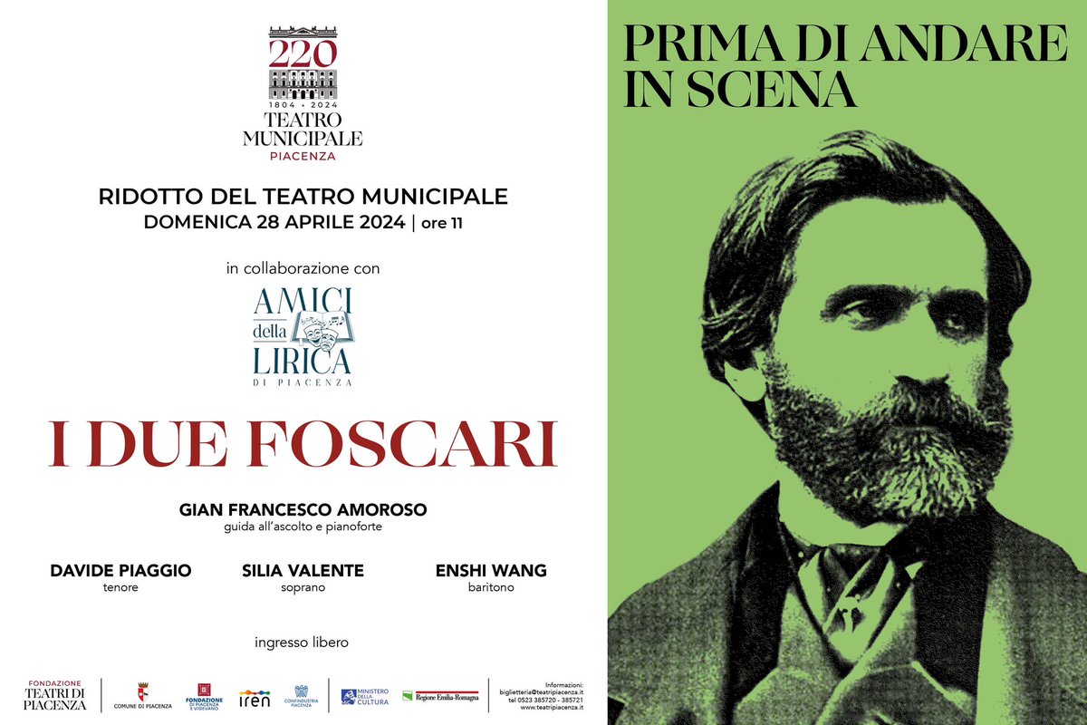 Domenica mattina, ore 11, vi aspettiamo al Ridotto per la presentazione e guida all’ascolto de “I due Foscari” a cura degli "Amici della Lirica Piacenza", con Gian Francesco Amoroso e i cantanti Silia Valente, Davide Piaggio, Enshi Wang. L’ingresso è libero. #giuseppeverdi