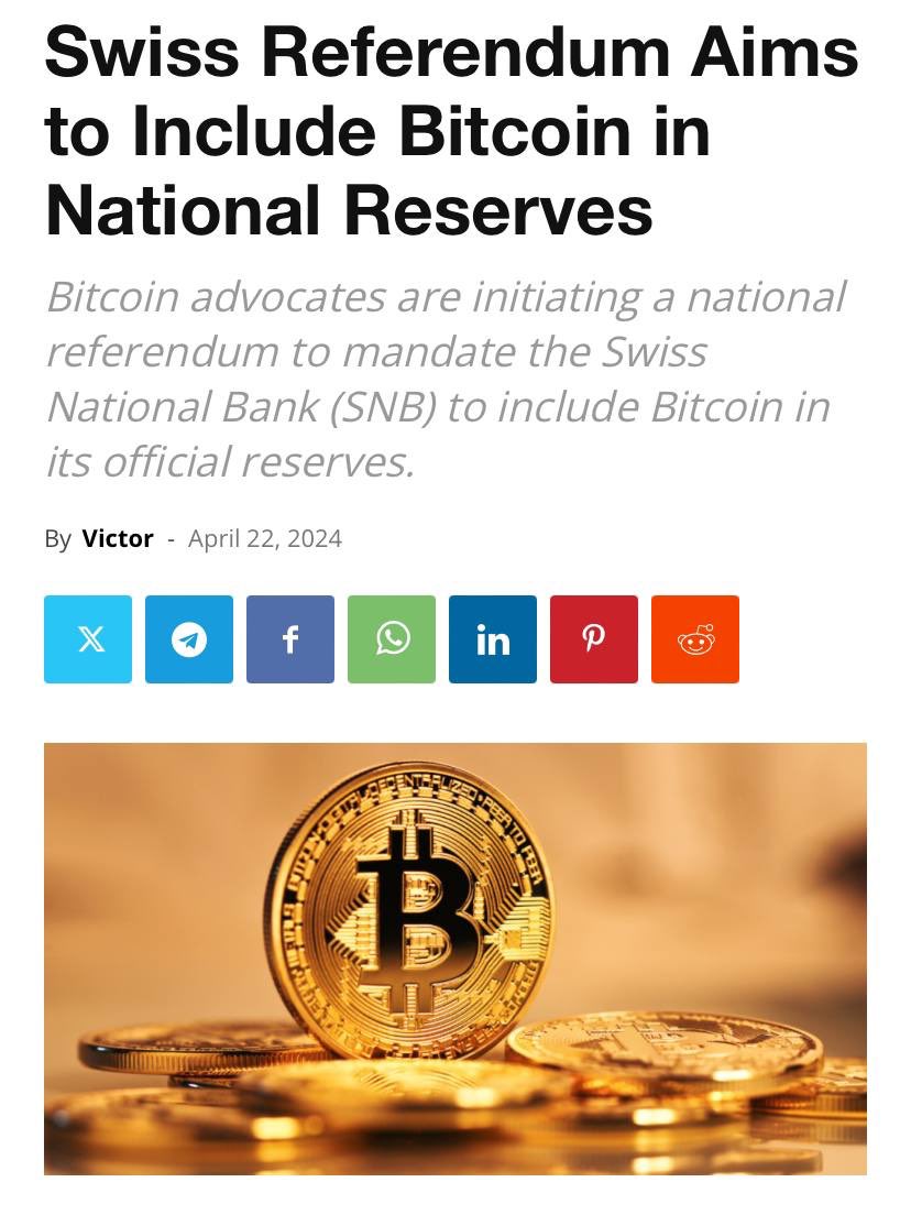 Switzerland considering adding Bitcoin to its national reserves alongside traditional assets like gold and silver.