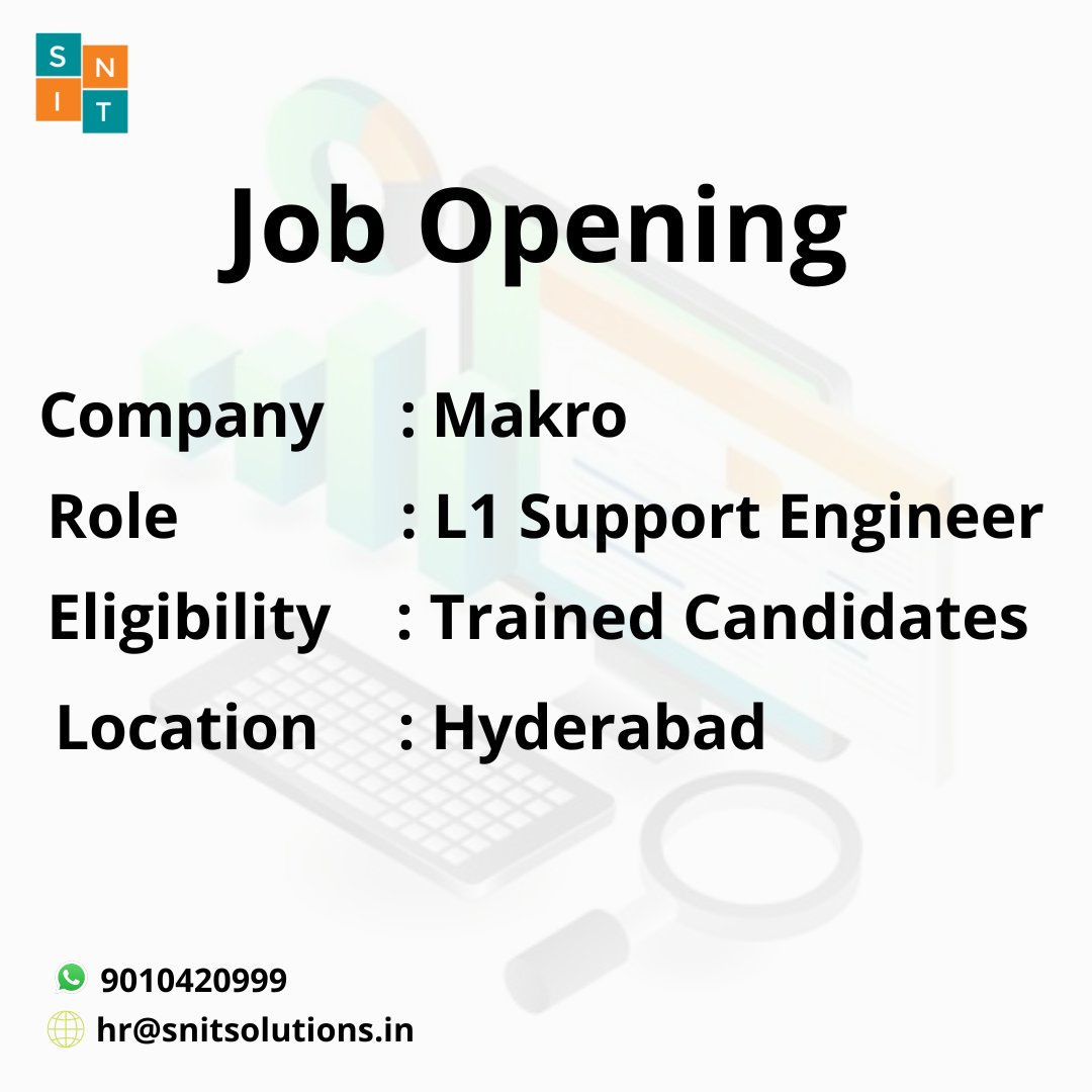 job Alert ⚠️
Interested candidates ping us for more details!
Call: 9010420999, or share your resume to hr@snitsolutions.in
#jobalert #networkingjobs #jobopening #Itnetworking #ITnetworkingtraining
#snittraininginstitute