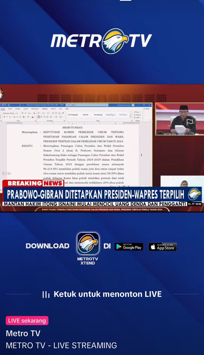 Selamat atas terpilihnya Pak Prabowo dan Mas Gibran sebagai Presiden dan Wakil Presiden 2024-2029. @gibran_tweet . .