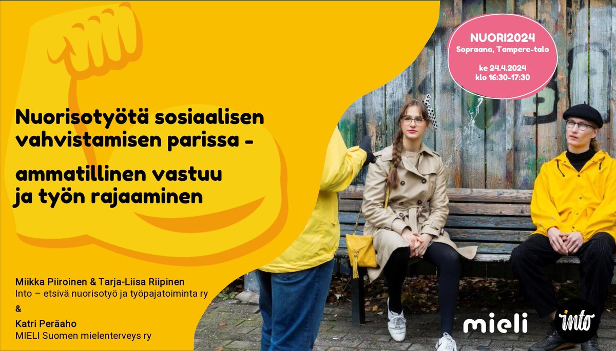 Nuori2024 ja @tamperetalo kutsuu! 

Iltapäivällä klo 16:30 Sopraanossa annetaan palaa @TarjaRiipinen ja Katri Peräahon @mielenterveys kanssa - tervetuloa #sosiaalinenvahvistaminen ytimien (ja rönsyjenkin) pariin!