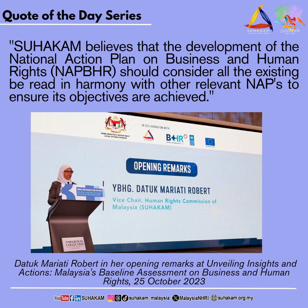 This collaborative initiative by @bheuu_jpm, @MyUNDP and SUHAKAM underscores the importance of integrating human rights in the business sector. #BusinessAndHumanRights