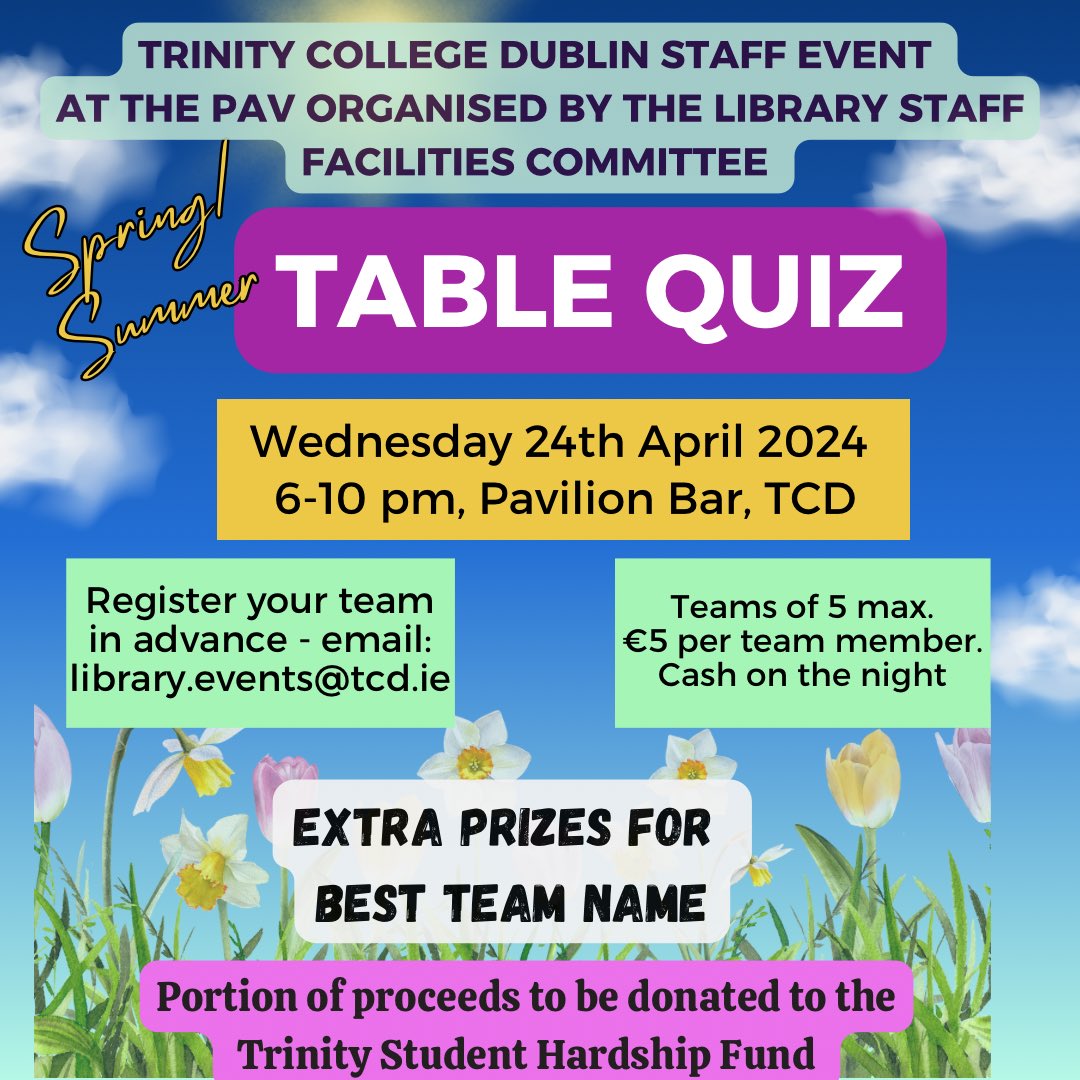 tcdlibrary's tweet image. #TrinityWeek Table Quiz 🧠💡
Come join us for some fun in the @ThePavilionBar tonight! 🤓🧐
Great prizes, fab how (College Registrar Neville Cox) and more fundraising for the Trinity Student Hardship Fund.