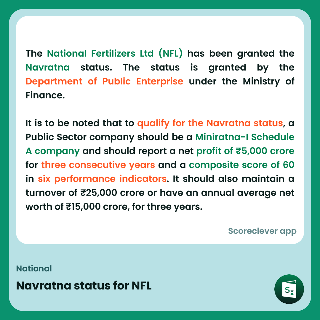 🟢🟠 𝐈𝐦𝐩𝐨𝐫𝐭𝐚𝐧𝐭 𝐍𝐞𝐰𝐬: Navratna status for NFL

Follow Scoreclever News for more

#ExamPrep #UPSC #IBPS #SSC #GovernmentExams #DailyUpdate #News
