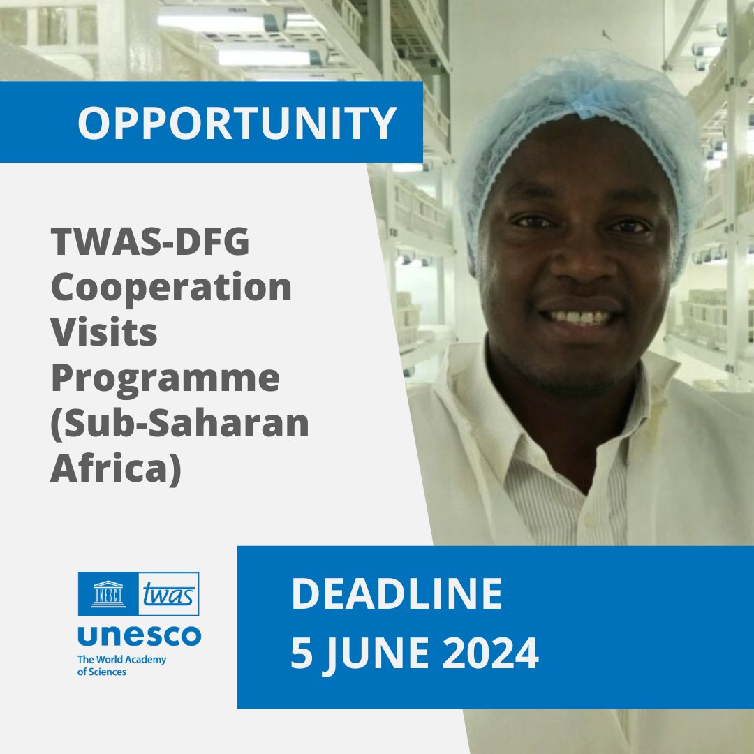 The TWAS-DFG Cooperation Visits Programme provides postdoctoral researchers from sub-Saharan Africa (incl. South Africa) with the opportunity to make a three-month ‘Cooperation Visit’ to a research institute in Germany. To learn more/apply: twas.org/opportunity/tw…