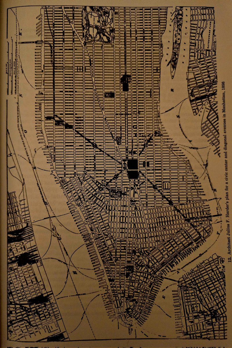 Julius F. Harder's unrealized plan to add L'Enfant-style diagonal streets to the Manhattan grid and turn Union Square into the main civic center. (1898)