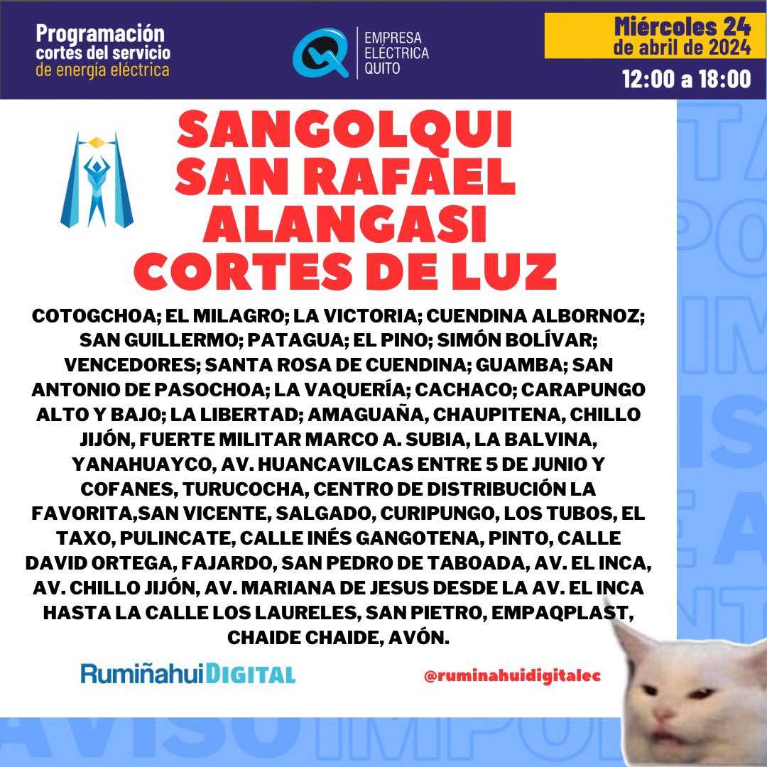 Cortes de Luz en Rumiñahui 🔴 24 de abril 2024

#sangolqui #cortesdeluz #valledeloschillos #CorteDeEnergia #sanrafael #alangasi #horarios