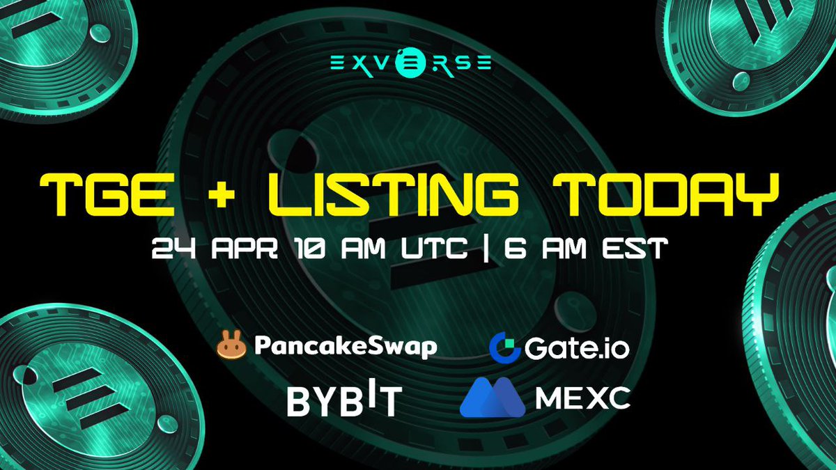 🔥 Exverse - $EXVG token is listing today! 🗓️ April 24th, 10AM UTC / 6AM EST 🔒 Audited by Certik ✨ Listing on 4 exchanges: 1️⃣ @Bybit_Official 2️⃣ @Gate_io 3️⃣ @MEXC_Global 4️⃣ @PancakeSwap $EXVG Contract Address (BSC): 0xBb7D61D2511fD2e63F02178ca9B663458Af9FC63 CEXs Pair:…