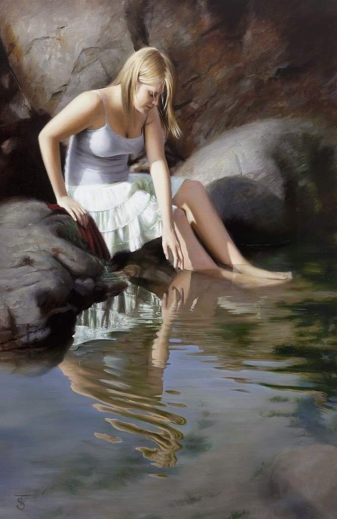 Morning! Bathing In The River The fish around her crowded, as they do To the false light that treacherous fisher shew, And all with as much ease might taken be, As she at first took me; For ne'er did light so clear -Abraham Cowley #painting -Tina Spratt, 📸Carmen Adriana Banu