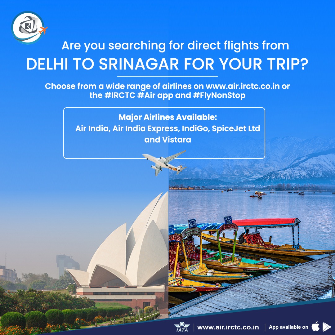 Are you searching for direct flights from Delhi to Srinagar for your trip? Choose from a wide range of airlines on air.irctc.co.in or the #IRCTC #Air app and #FlyNonStop. #airtickets #delhi #srinagar #travel #cheapflights #travelagent #tourism #flights #airfare