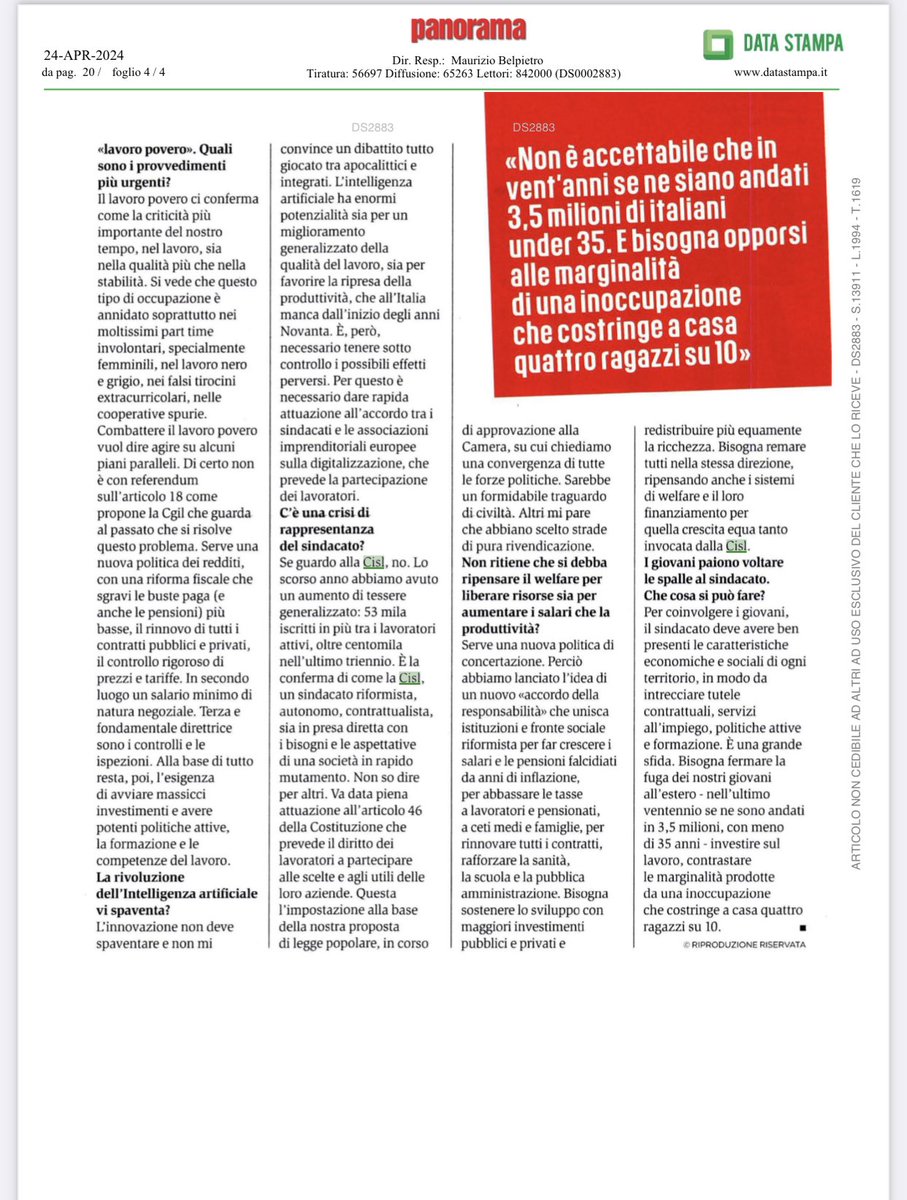 #LuigiSbarra su Panorama: “Serve una nuova politica di concertazione. Perciò abbiamo lanciato l'idea di un nuovo «accordo della responsabilità» che unisca istituzioni e fronte sociale riformista per far crescere i salari e le pensioni falcidiati da anni di inflazione, per…