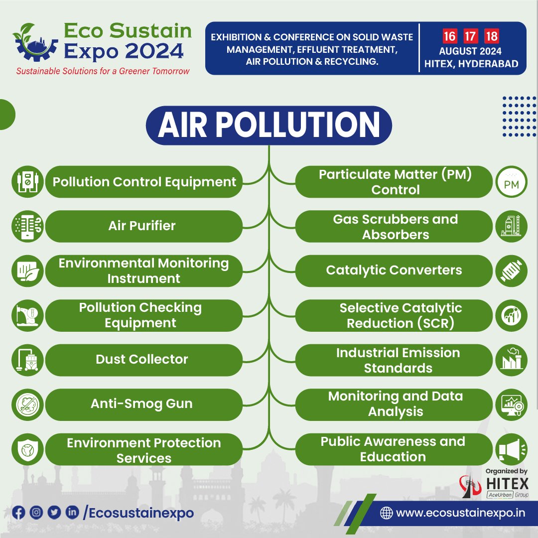 Join us at Eco Sustain Expo & showcase the sustainable innovations for combating air pollution. Mark your calendars for August 16th - 18th, 2024 at HITEX, Hyderabad.

#airpollution #EnvironmentalProtection #cleanair #Industryexperts #Ecoinnovators #airquality #Ecosustainexpo