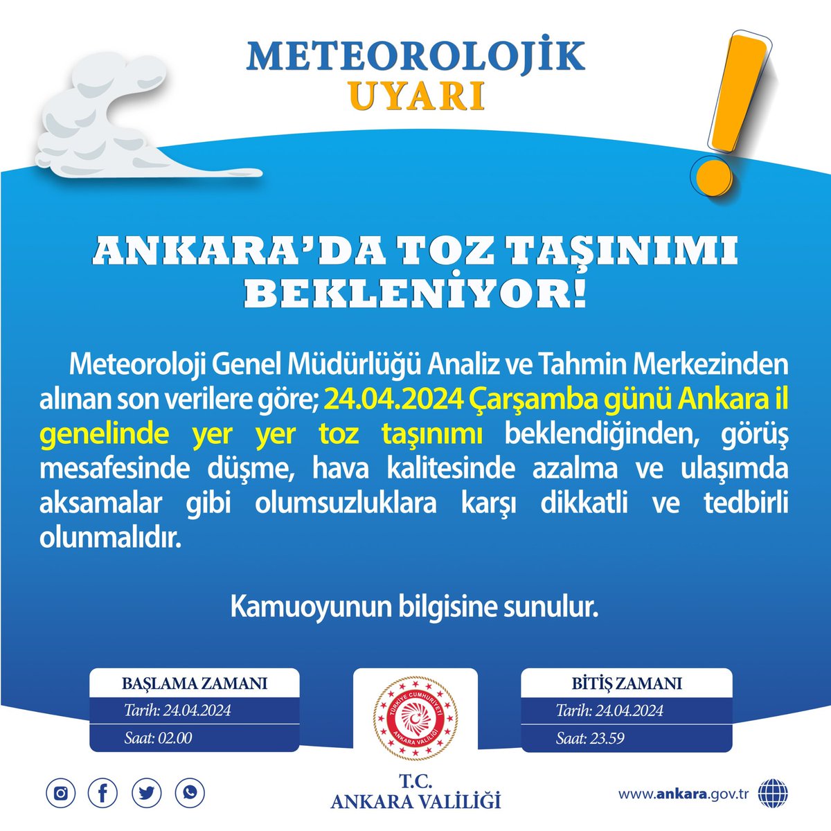 Meteoroloji Genel Müdürlüğü Ankara Bölge Tahmin ve Erken Uyarı Merkezi verilerine göre; Ankara’da Toz Taşınımı Bekleniyor! Hava kalitesinde azalma ve görüş mesafesinde azalma, ulaşımda aksamalar gibi olumsuzluklara karşı tedbirli olunmalıdır…