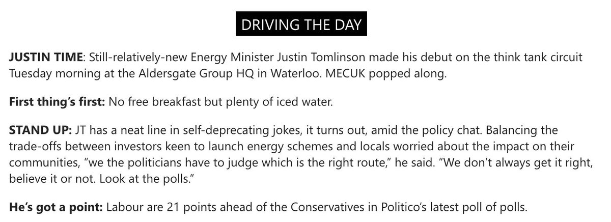 We covered newbie energy minister Justin Tomlinson's first appearance among the think tanks and energy nerds - who it turns out, was quite the comedian with jokes aplenty. @POLITICOEurope