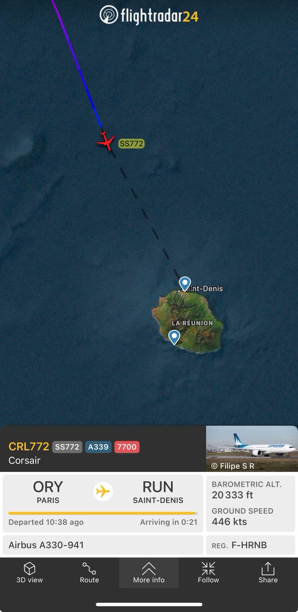 ✈️🆘 #Corsair flight #SS772 #CRL772 aircraft #A339 #FHRNB between ORY/Paris-Orly 🇫🇷 and RUN/Saint-Denis de La Réunion 🇫🇷 has declared #emergency via #squawk7700 for as yet unknown reason and is currently approaching destination