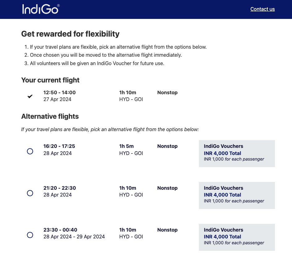 #Indigo giving me ₹4000 voucher to fly later 😅 Why do you think they are offering this? Maybe flight is overbooked? Maybe they plan to cancel the flight? Maybe they want to sell the ticket at a higher price? Indigo, in my experience, will never gift something without reason.