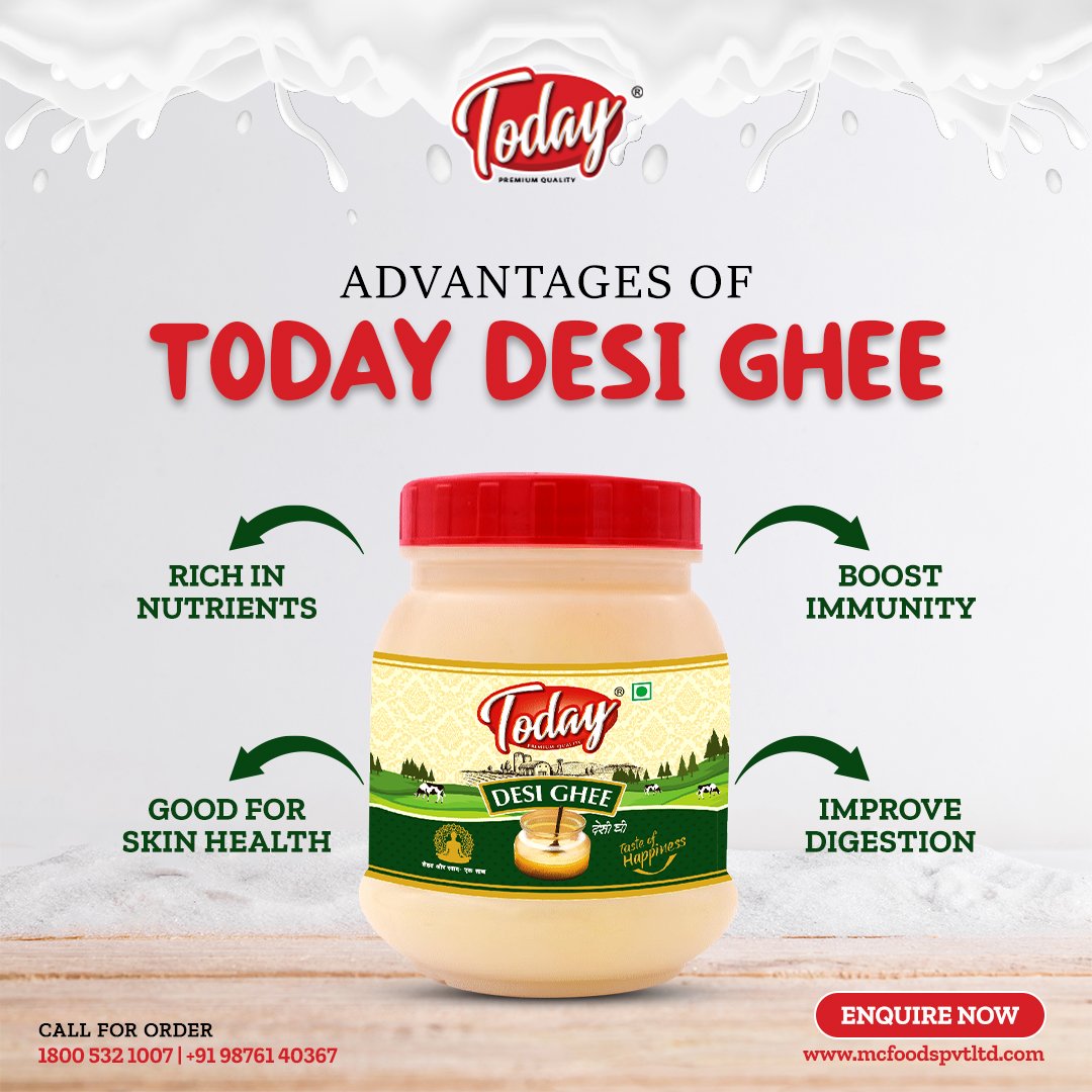 Unlock the advantages of Today Desi Ghee! Elevate your dishes with the richness and flavor of pure goodness. 🥛✨ 

#TodayMilkIndia #Todaymilk #Today #DesiGheeAdvantage #DesiGhee #PureGoodness #NutritionalBenefits #HealthyLiving #CookingEssentials