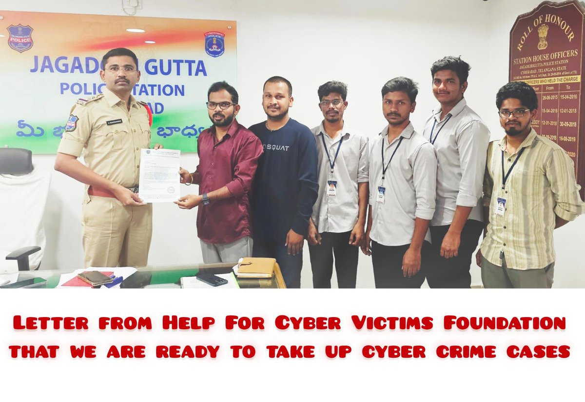 CyberSquadAK's tweet photo. Met Kranthi kumar SHO Sir👮🏻 @ Jagadhgirigutta Police Station, Gave letter from Help For Cyber Victims Foundation by CEO & Founder of HFCV, HTC, SCH - Puli Aravind Kumar👨🏻💻 That we are ready to take cybercrime cases, We keep case details Confidential and Help the police🔎🕵🏻#Hfcv https://t.co/gun6I3XcER