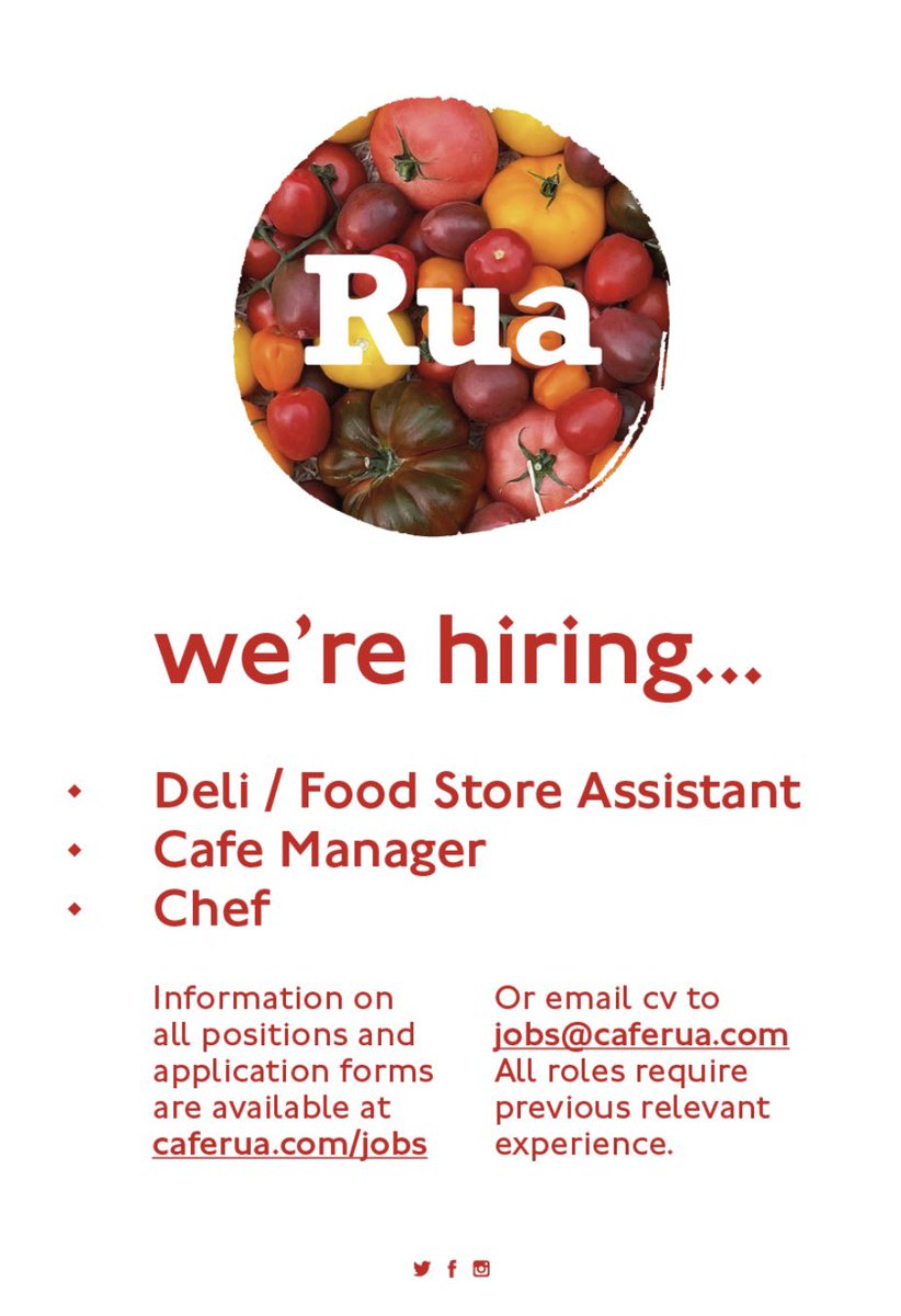WE’RE HIRING ✨
•chef
•cafe manager
•deli/food store assistant 

RT’s welcome
Míle Buíochas 🙏🏻
.
.
All details and application form are linked in our bio or check caferua.com/jobs 
.
.
.
#jobfairy #mayojobs #caferua #jobalert #countymayo #jobalertmayo #castlebar