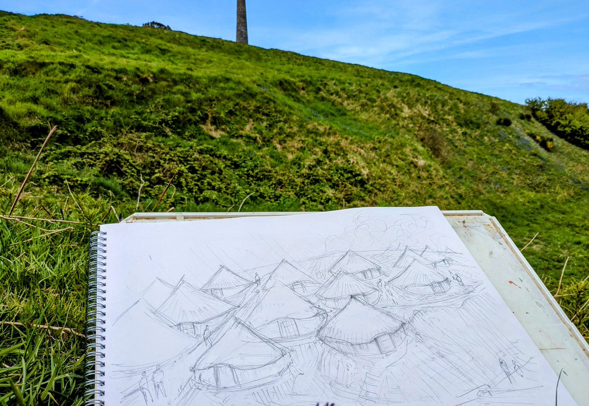 Happy #HillfortsWednesday 🍻🎉 Putting the houses back at Pendinas hillfort yesterday 😉✏️ Recent @DyfedArch excavations suggest parts of the hillfort were akin to a crowded hill village, with tightly-grouped houses cut into the rocky slope 🛖 #Sketching #DigPendinas