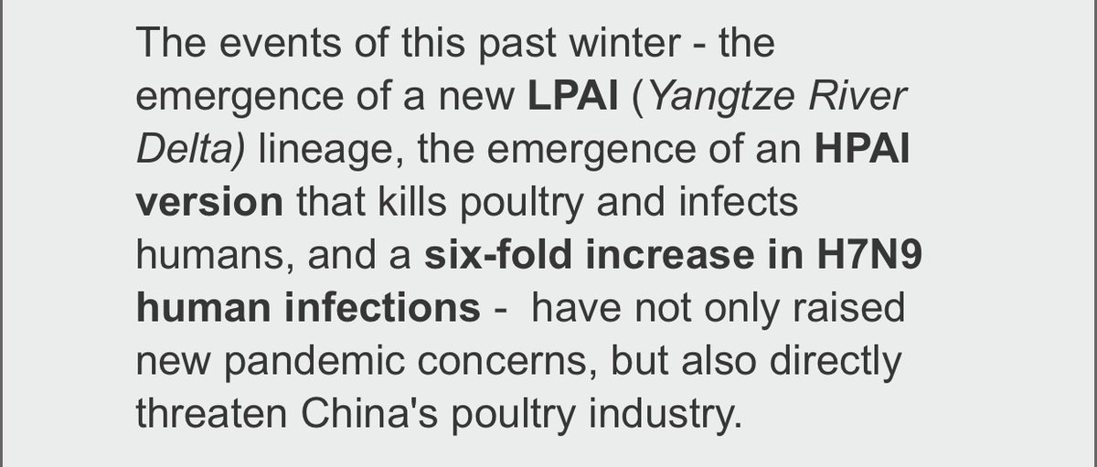 H7N9~2017

The events of this past winter - the emergence of a new LPAI (Yangtze River Delta) lineage, the emergence of an HPAI version that kills poultry and infects humans, and a SIX-FOLD INCREASE IN H7N9 HUMAN INFECTIONS-have not only raised new pandemic concerns, but also