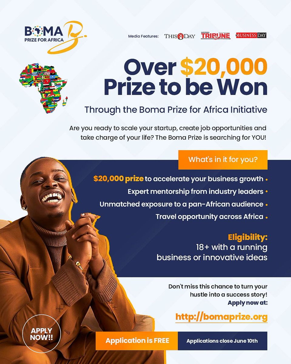 Synergy_Labs24's tweet photo. This is your chance to shine! Over $20k in cash and gifts are waiting to be won. All you need to do is have a running business or a business idea and enter into the Boma Prize Entrepreneurial Contest.
https://t.co/lkmBR8lbWm https://t.co/bXs5c5U9xt