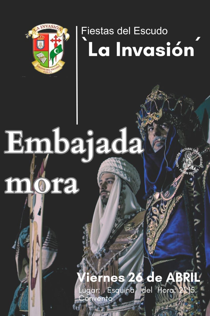 𝗘𝗺𝗯𝗮𝗷𝗮𝗱𝗮 𝗺𝗼𝗿𝗮⚔️

Jose Gabriel Laveda, General de las Tropas, y Alfonso de la Cruz, Embajador Moro, nos trasladarán a los momentos previos de la Invasión que tuvo lugar en Cieza aquel fatidico 6 de abril de 1477, que tendrá lugar este viernes a las 2️⃣1️⃣ horas.