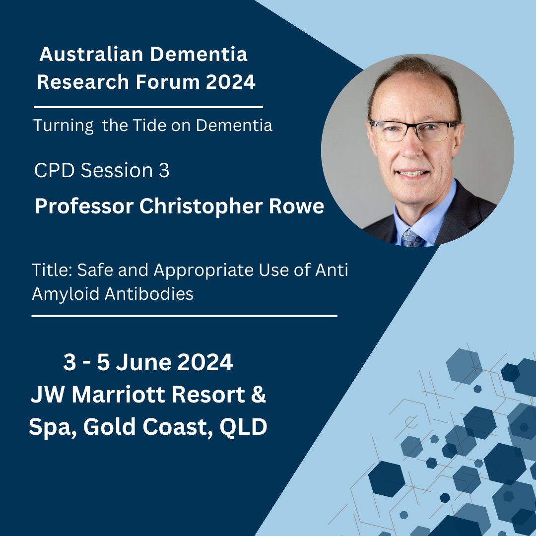 Join us on Mon 3 June at our Continuing Professional Development sessions. ADNeT Director Prof Chris Rowe will be leading into the session with an overview of Safe and Appropriate Use of Anti Amyloid Antibodies. Register ➡️ buff.ly/4aKYtGB #ADRF2024