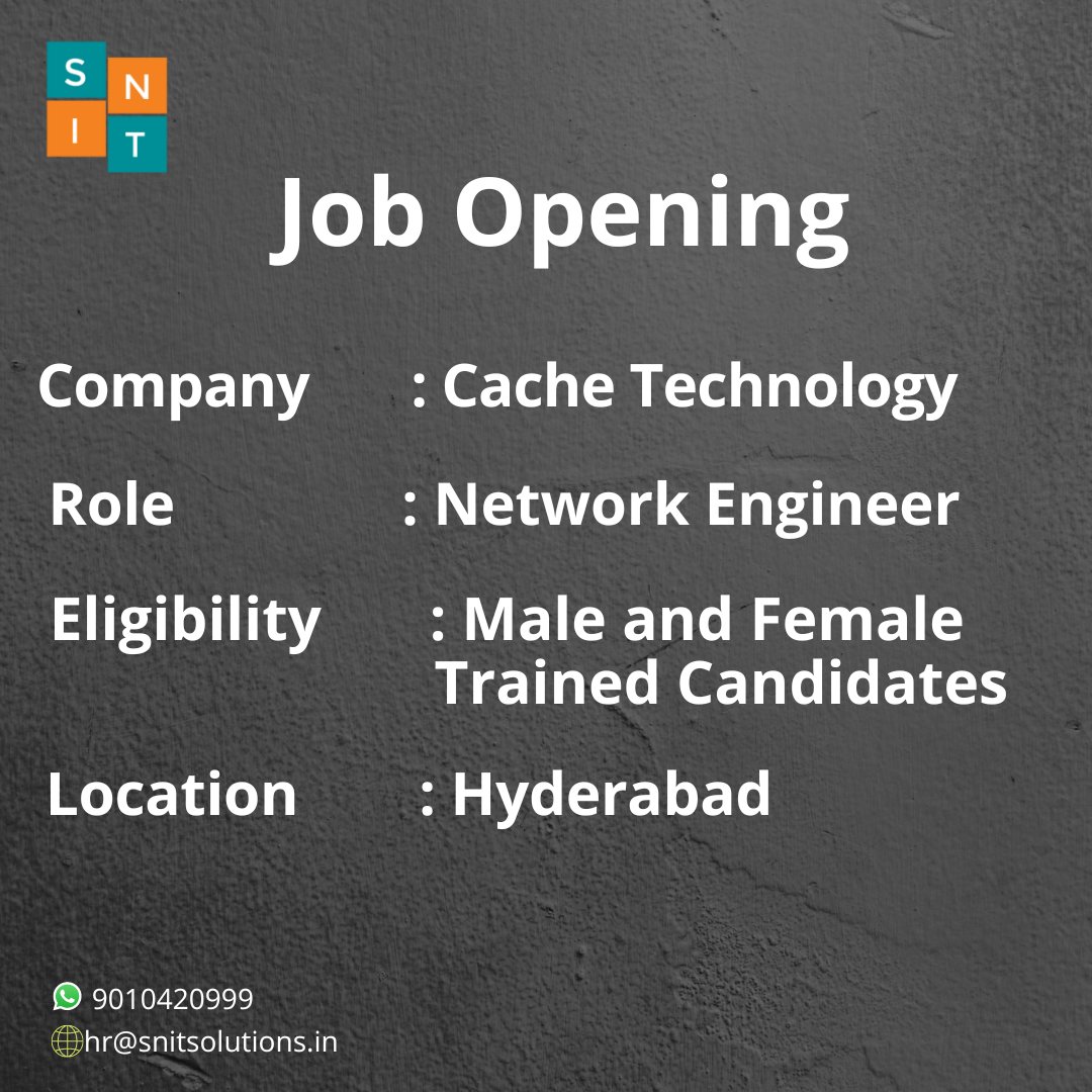 job Alert ⚠️
Interested candidates ping us for more details!
Call: 9010420999, or share your resume to hr@snitsolutions.in
#jobalert #networkingjobs #jobopening #Itnetworking #ITnetworkingtraining
#snittraininginstitute