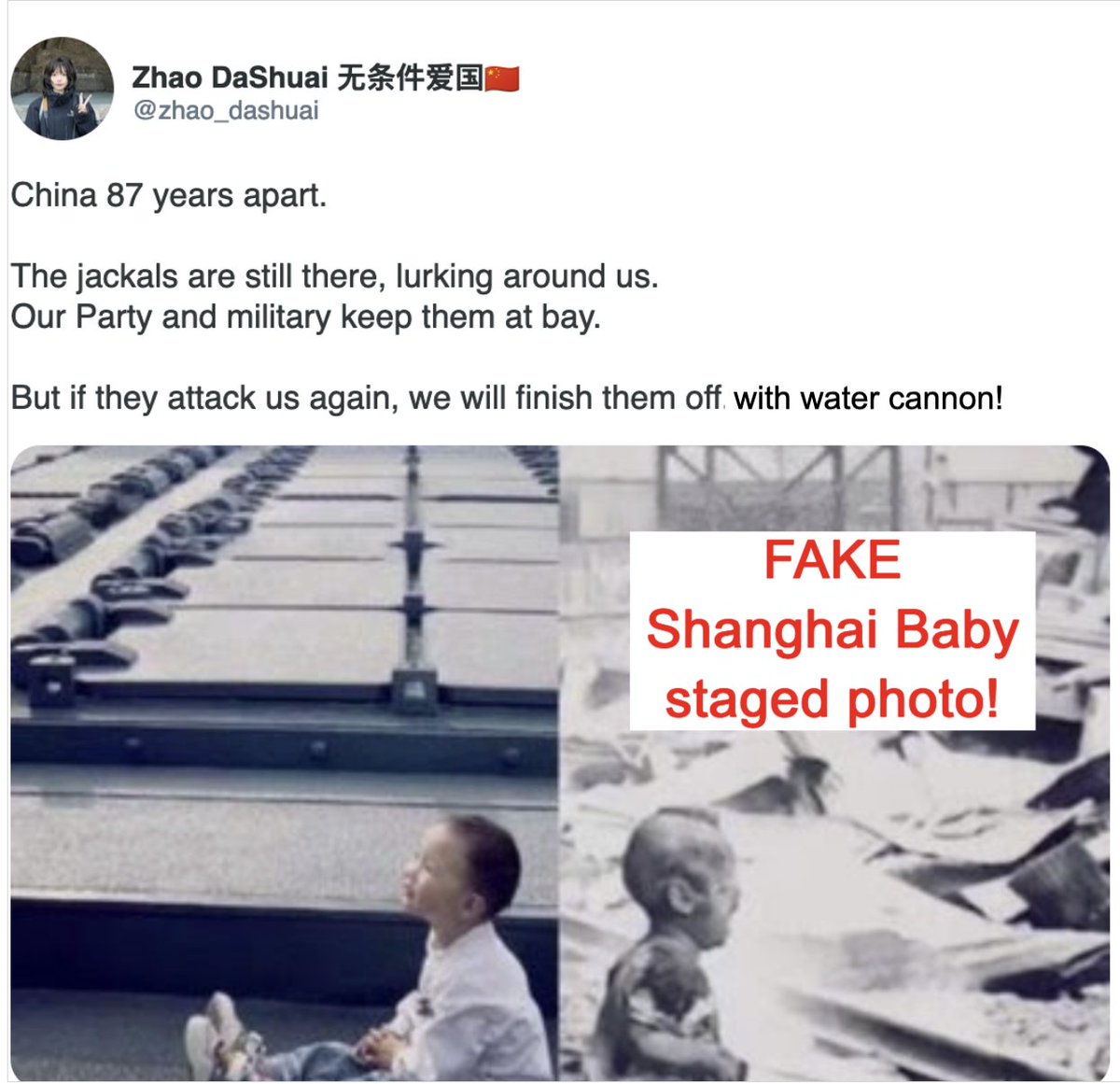 Zhao DaShuai is using a fake image as a warning to whom?....she is too spineless and cowardly to mention the country. Typical two-faced, back-stabbing communist.