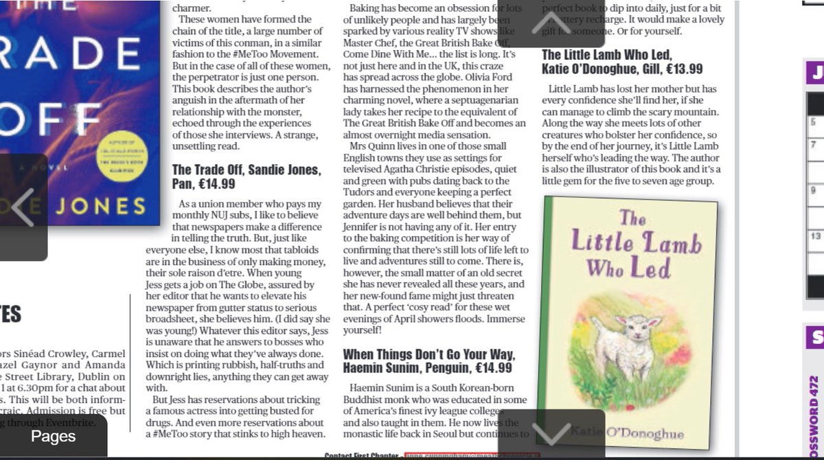 Reviews of Chimene Suleyman's The Chain, Sandie Jones' The Trade Off, Olivia Ford's Mrs Quinn's Rise to Fame, Haemin Sunim's When Things Don't Go Your Way & Katie O'Donoghue's The Little Lamb Who Led in this wk's Chronicle & other papers. @ElaineEgan_ @wnbooks @PenguinIEBooks