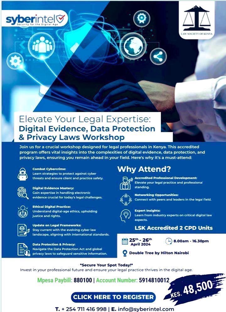Level up your legal game in the digital age! Last day to register for our workshop on Digital Evidence, Privacy laws, & Data Protection. Additionally, snag 2 CPD units! Don't miss out! Registration link: docs.google.com/forms/d/e/1FAI… #Kenya #Lawyers #Workshop