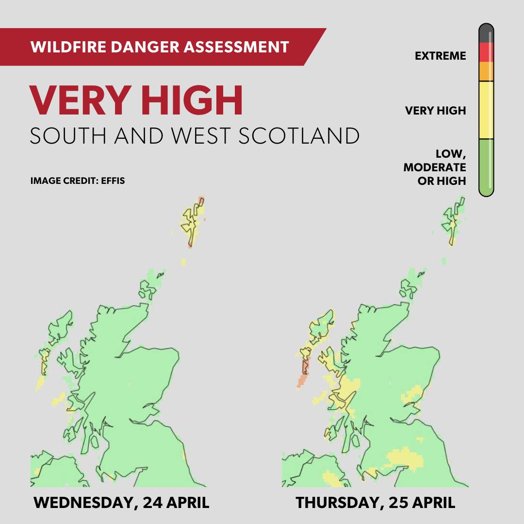 ⚠️ A VERY HIGH wildfire warning has been issued for south and west of Scotland ⚠️ The warning is in place on Wednesday, 24 April and Thursday, 25 April. People who live within or enters the area should be extra cautious and avoid naked flame outdoors.