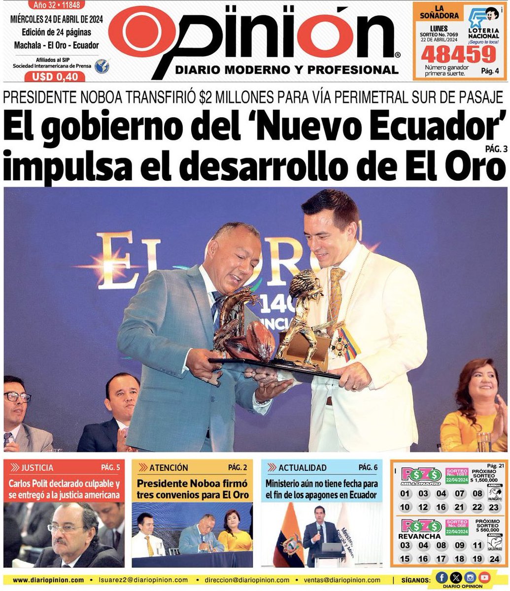 La #portada de hoy #miércoles en Diario Opinión, diario moderno y profesional. Vea más noticias de la provincia, el país y el mundo aquí 👉 diariopinion.com | 
#diariopinion #diario #moderno y #profesional #Machala #ElOro #Ecuador #prensa #mediodecomunicación #noticias