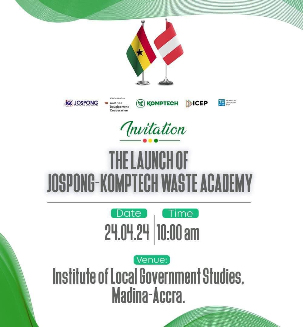 1/2: The Launching ceremony for the Jospong-Komptech Waste Academy is scheduled for today, April 24, 2024, at 10am. <a href="/thejospongroup/">Jospong Group of Companies</a> <a href="/ZoomlionLtd/">Zoomlion Ghana Limited</a> 
#JospongWasteAcademy #Komptech #Zoomlion #KingPromise #YaaJackson #ThomasPartey #SamGeorge