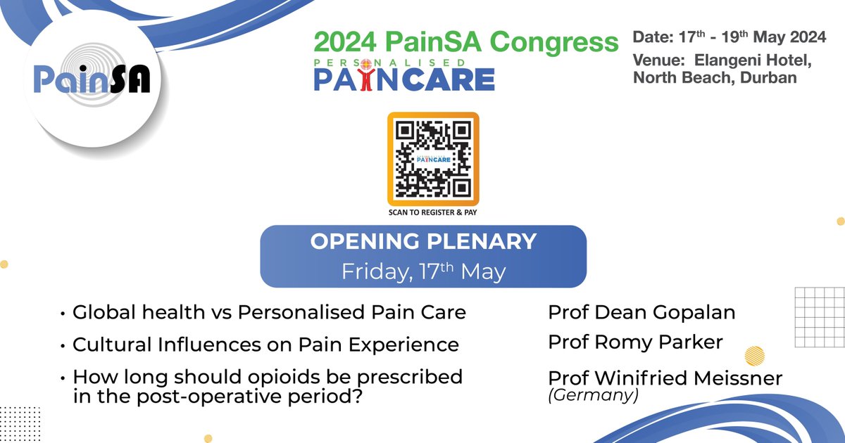 The PainSa Congress 2024 kicks off on May 17th!
Join us for an inspiring opening Plenary featuring amazing panelists and speakers. 

Register today for more info!  ➡️ buff.ly/3xmnrNq  ⚡ 
#PainSA2024 #PainManagement #ChronicPain #Doctor #PainCare