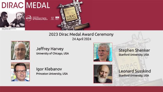 Today! ICTP will honour four physicists who received the 2023 Dirac Medal for their wide-ranging contributions to string theory, at a ceremony to be held on Wednesday 24 April in the Centre's Budinich Lecture Hall.