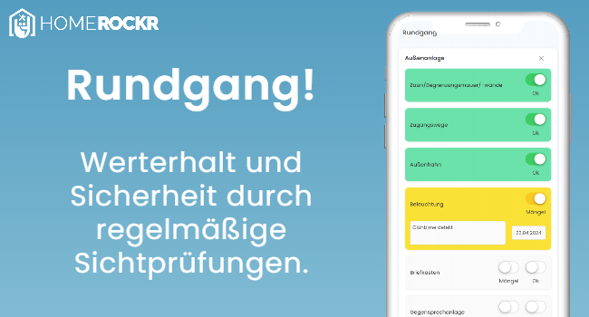 homerockrapp's tweet photo. 💡 Mit der neuen Funktion "Rundgang" machst du nun regelmäßig geführte Sichtprüfungen am Haus. In 10 Minuten prüfst du alle wichtigen Gebäudeteile auf Mängel und hältst diese gleich in der App auf deinem Smartphone fest. https://t.co/uqdQ6dYp5T