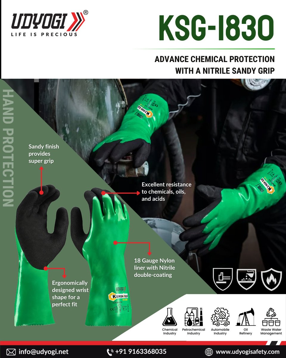 udyogi_safety's tweet image. Embrace Safety with Udyogi&apos;s KSG-1830 Chemical Protection Gloves!
Whether you&apos;re dealing with hazardous chemicals, corrosive substances, or challenging environments, these gloves are your ultimate shield against harm.

#udyogisafety #chemicalprotection #handprotection