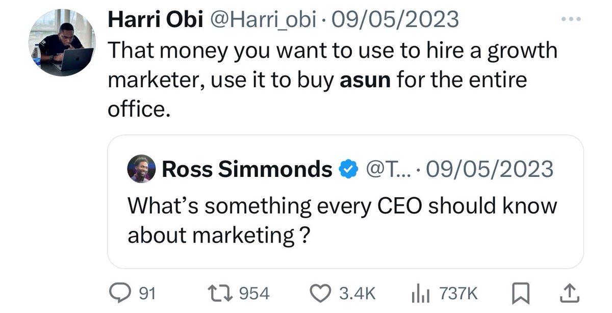 The uproar in marketing and tech Twitter when I tweeted this 😅

If I ever do startup in Nigeria, I will hire a sales person, other marketing skill sets, and an office cleaner before I consider hiring whatever you people call ‘growth marketers’ these days.