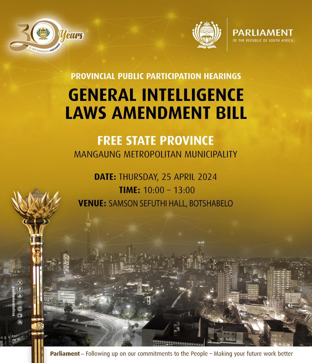 The Ad Hoc Committee on the General Intelligence Laws Amendment Bill will tomorrow conduct a public hearing in Bloemfontein in the Free State province. #GILAB