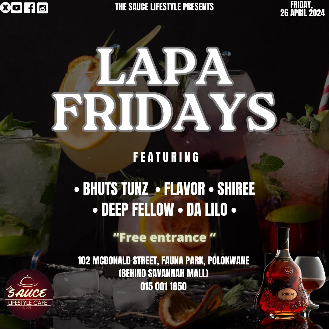 A GOOD FRIDAY DESERVES DEEP MUSIC 🔥

Get lost in the rhythm of soulful music with us on Friday, 26th of April 2024 for our #LapaFridays
Featuring: @bhutstunz @frederickflavor @deepfellow_ @dalilo @shiree 
.
.
#thesaucelifestyle #deephouse #fridaysession #fridaynight #polokwane