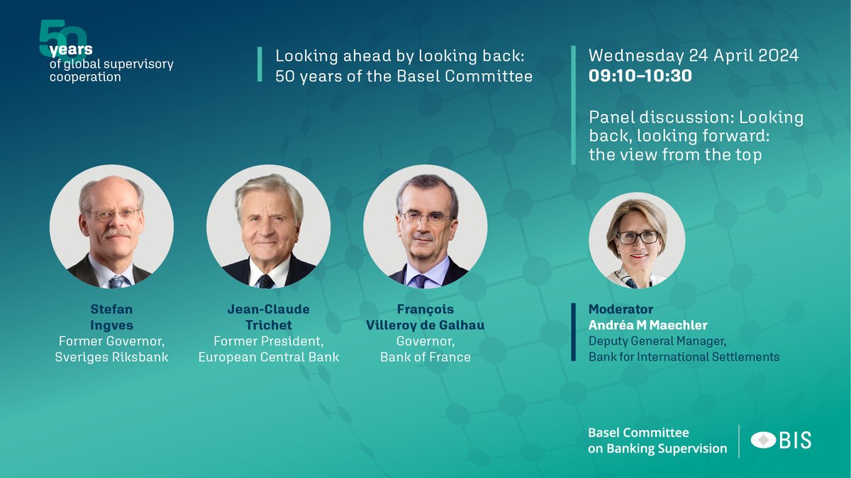 Coming up live at 09:10 CEST at the International Conference of Banking Supervisors, Andréa M Maechler moderates a discussion on banking supervision by Stefan Ingves, Jean-Claude Trichet and François Villeroy de Galhau #BaselCommittee bis.org/bcbs/events/ic…