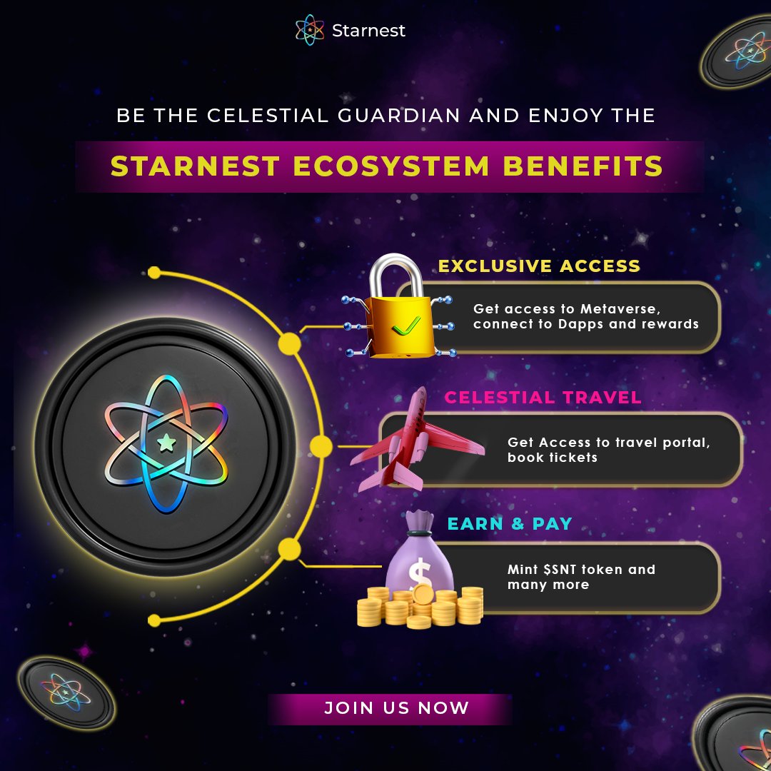 Starnest_io's tweet photo. Unlock the celestial benefits! Each choice at Starnest propels us towards a brighter tomorrow.
Be the Guardian of your own galaxy.
.
#Starnest #NFTs #NFTartists #NFTartwork  #NFTCommunitys #N1 #rewards #Staking #community #blockchain  #cryptotrading #cryptocurrency #minting https://t.co/5RS4Nx6yVB