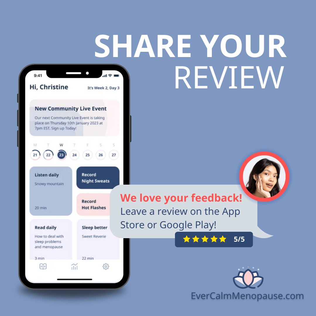 📝 We'd love to hear about your experience with EverCalm. Leave a review on the App Store or Google Play and share your thoughts on our Facebook page. 

#EverCalmExperience #MenopauseRelief #YourFeedbackMatters