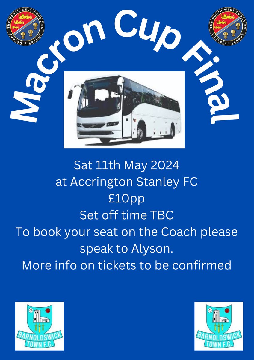 The Info you have all been waiting for…. We are still waiting on ticket prices/info but we will confirm as soon as we know. But we have some coaches. Set off time is to be confirmed. If anyone would like a seat on the Coach please message us or speak with Aly ⚽️💙💛