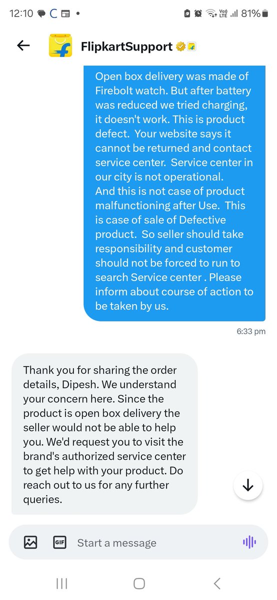 CADIPESH_1984's tweet photo. @flipkartsupport Only publically it is said to communicate in DM for resolution.  But in DM same thing is said without appreciating the issue. https://t.co/BgWvORkCW0