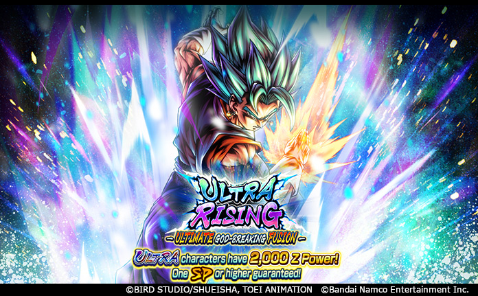 ['ULTRA RISING - ULTIMATE GOD-BREAKING FUSION -' Is Here!] UL SSGSS Vegito is back! All steps are Consecutive Summons with one SP or higher rarity guaranteed! 2x UL drop rates on Step 2 & UL characters drop with 2,000 Z Power! #DBLegends #Dragonball #100MillionUsers_SaiyanSaga