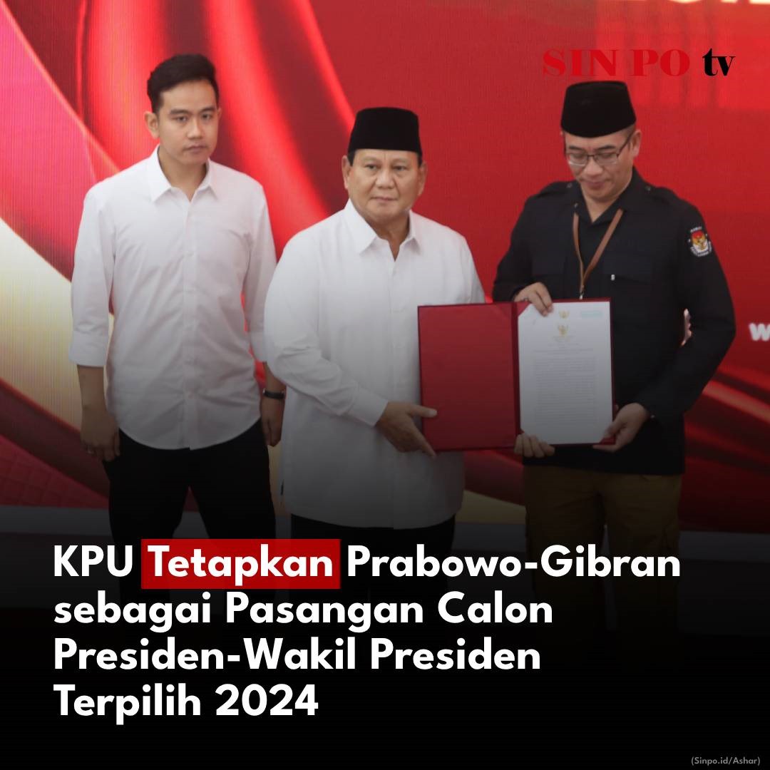 KPU RI menetapkan pasangan calon presiden-wakil presiden nomor urut 2, Prabowo-Gibran sebagai paslon presiden dan wakil presiden RI terpilih hasil Pemilu 2024. #KPURI #PresidenWapresTerpilih  #PrabowoGibran #Pemilu2024 
@KPU_ID @prabowo @gibran_tweet 
sinpo.id/detail/71269/k…